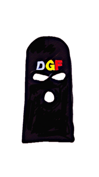 a black mask with the word dgf on it